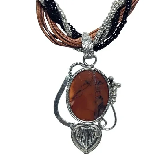 12 Strand Black And Gold Seed Bead Necklace With Floral Jasper Pendant (5892) - Picture 4 of 6